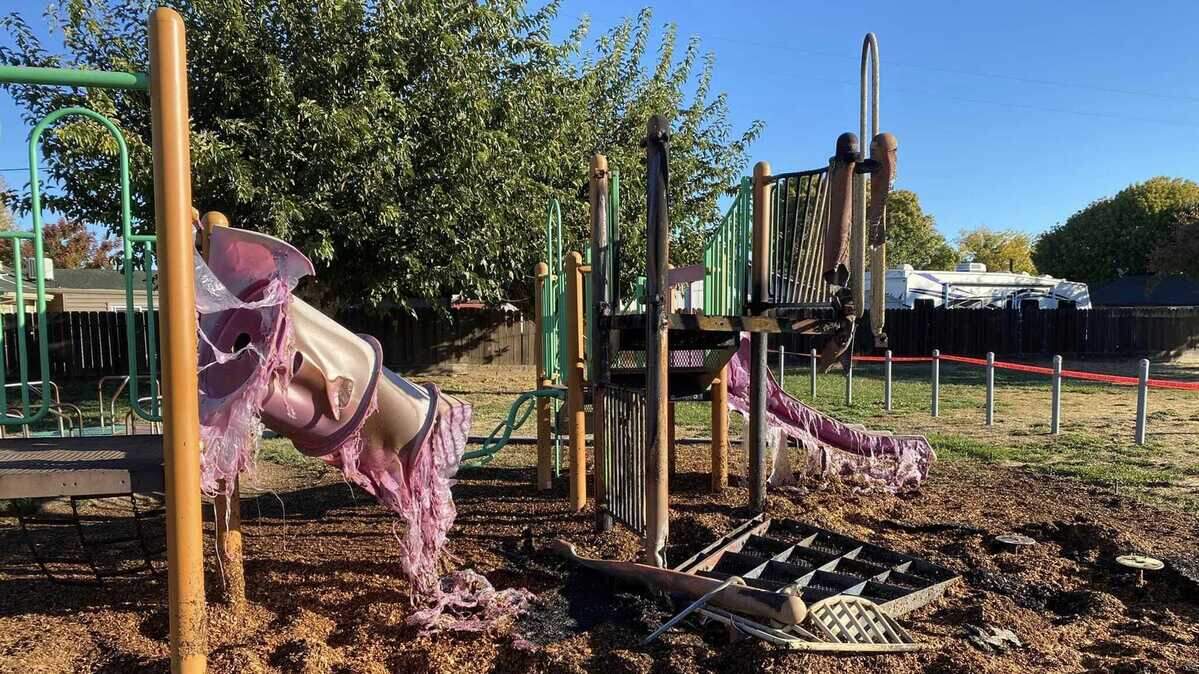 A fire on Thursday Nov. 10, 2022 melted playground equipment at Wilson Ball Park on Andrus Circle Drive in Isleton, California.