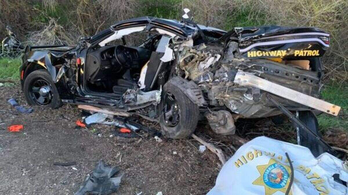 Authorities say an SUV slammed into the back of a CHP patrol vehicle that was assisting a tractor trailer on Interstate 5 early Tuesday, March 23, 2021. All three occupants of the SUV were killed, and the two CHP officers in the patrol vehicle were hospitalized with major injuries.