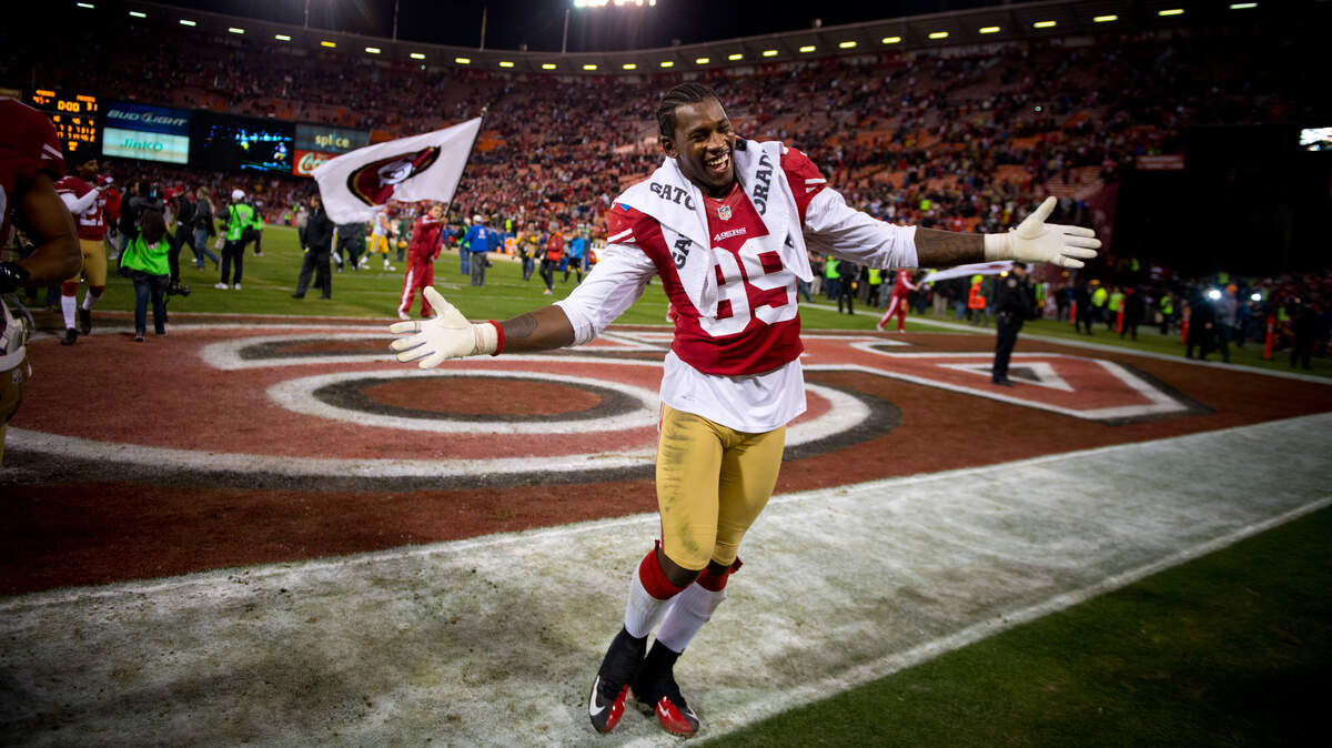 49ers Aldon Smith smiles following the 49ers’ win in the NFC divisional round playoff game between the Green Bay Packers and San Francisco 49ers on Jan. 12, 2013, at Candlestick Park in San Francisco.