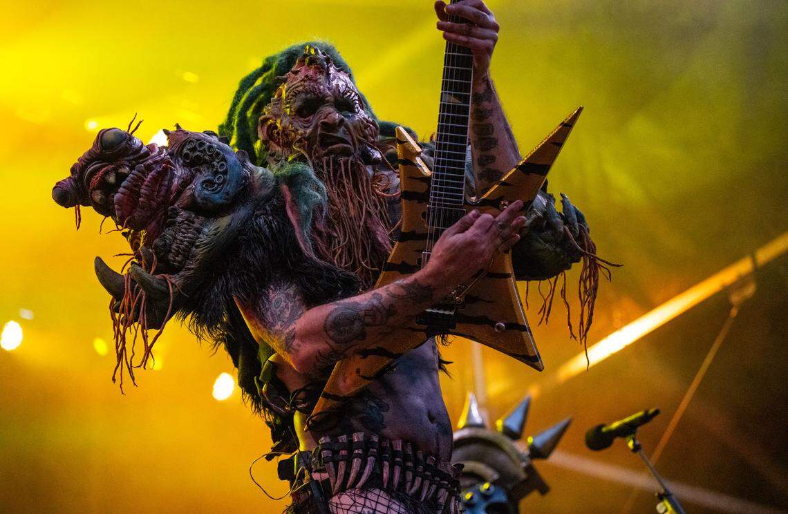 Grodius Maximus of heavy metal band Gwar, celebrating its 40th anniversary, performs during the Aftershock festival on Sunday, Oct. 5, 2025, in Sacramento’s Discovery Park.