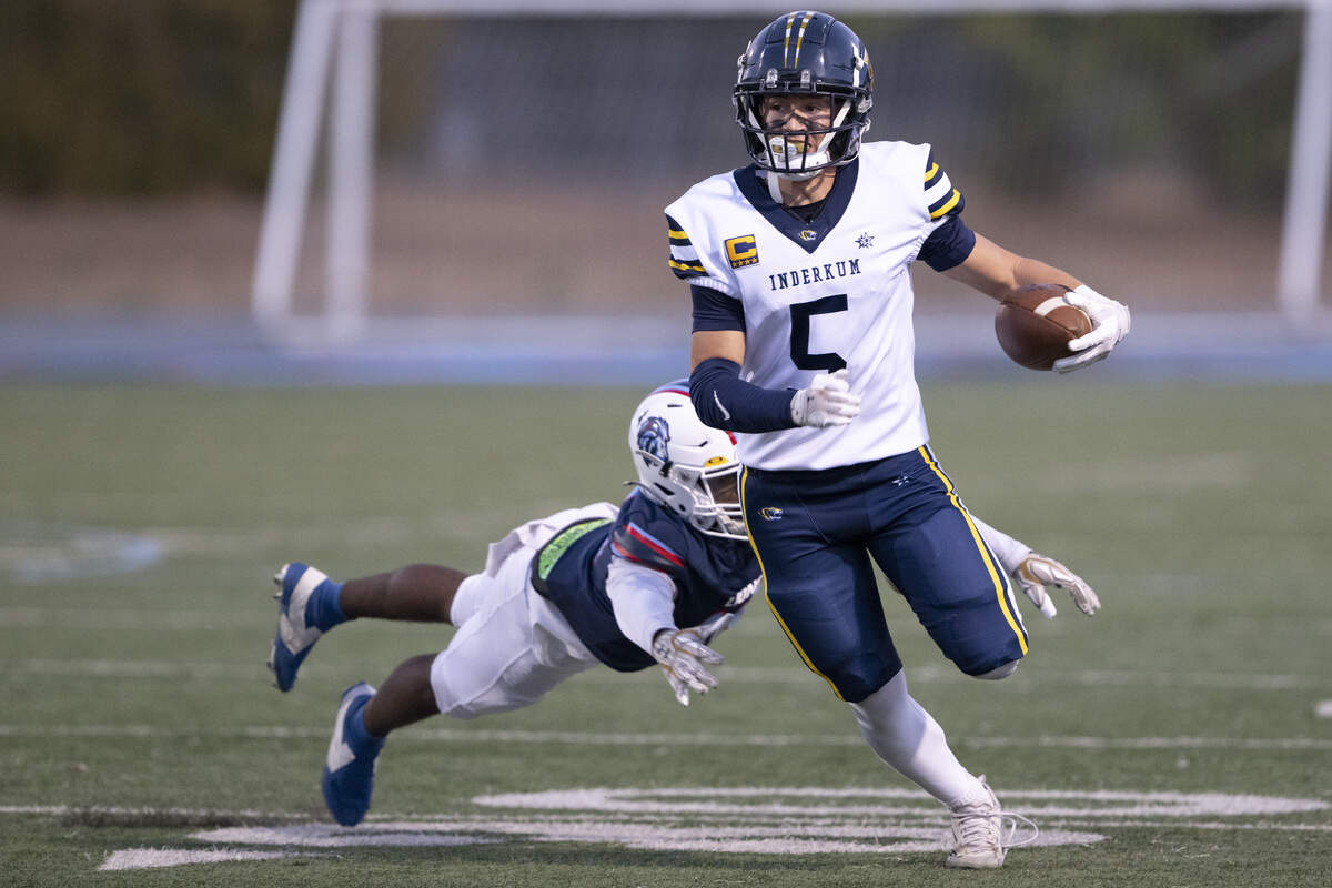 Inderkum Tigers’ Jordan Cole (5) escapes the defense during the game between Destiny Christian Academy and Inderkum at Destiny Christian Academy in Rosemont on Friday.