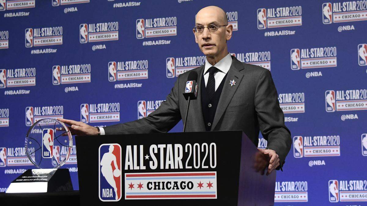 NBA Commissioner Adam Silver unveils the NBA All-Star Game Kobe Bryant MVP Award during a news conference Saturday, Feb. 15, 2020, in Chicago. (AP Photo/David Banks)