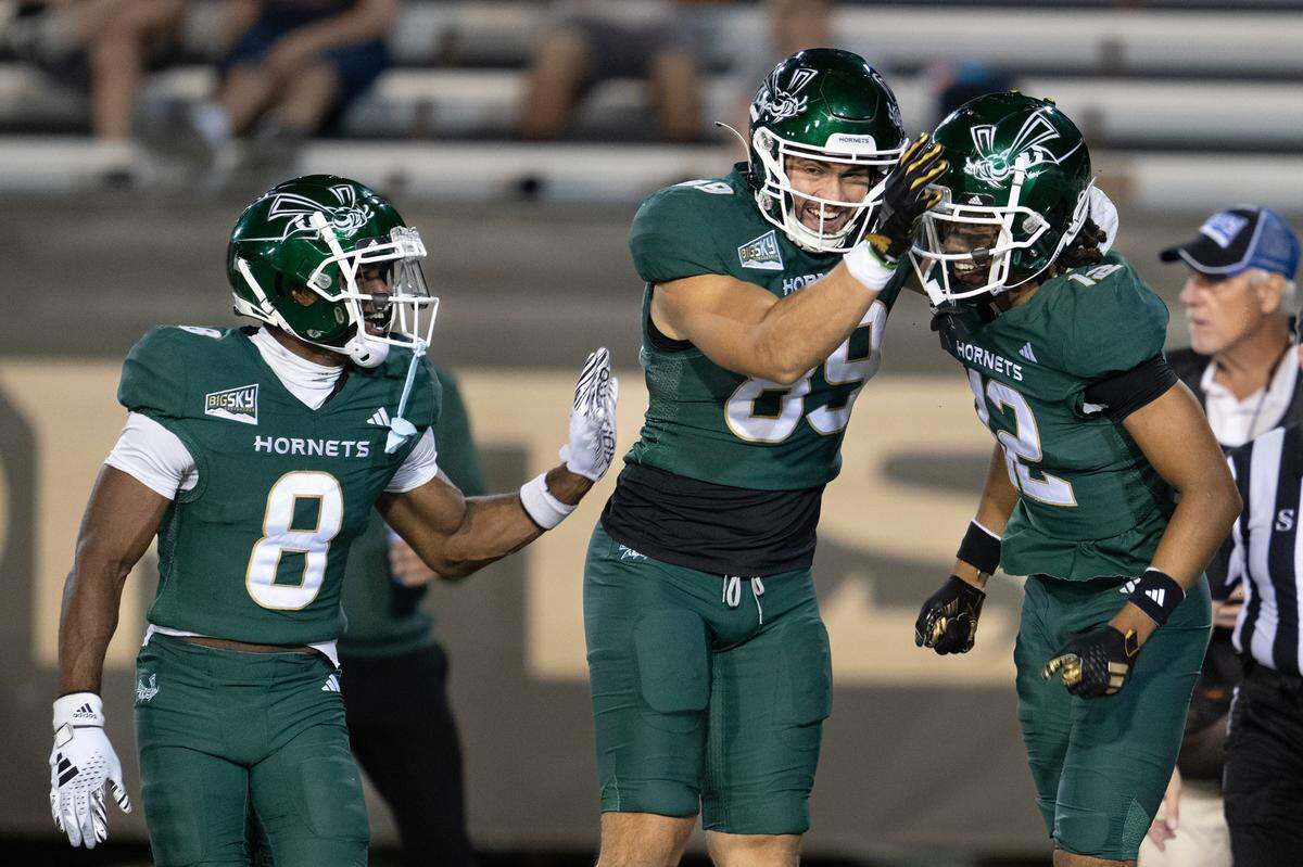 Sacramento State Hornets tight end Austin Jarrard (89) and wide receiver Jared Gipson (8) congratulate wide receiver Onterrio Smith Jr. (12) after scoring a touchdown in the second half against the Nicholls State Colonels on Saturday.