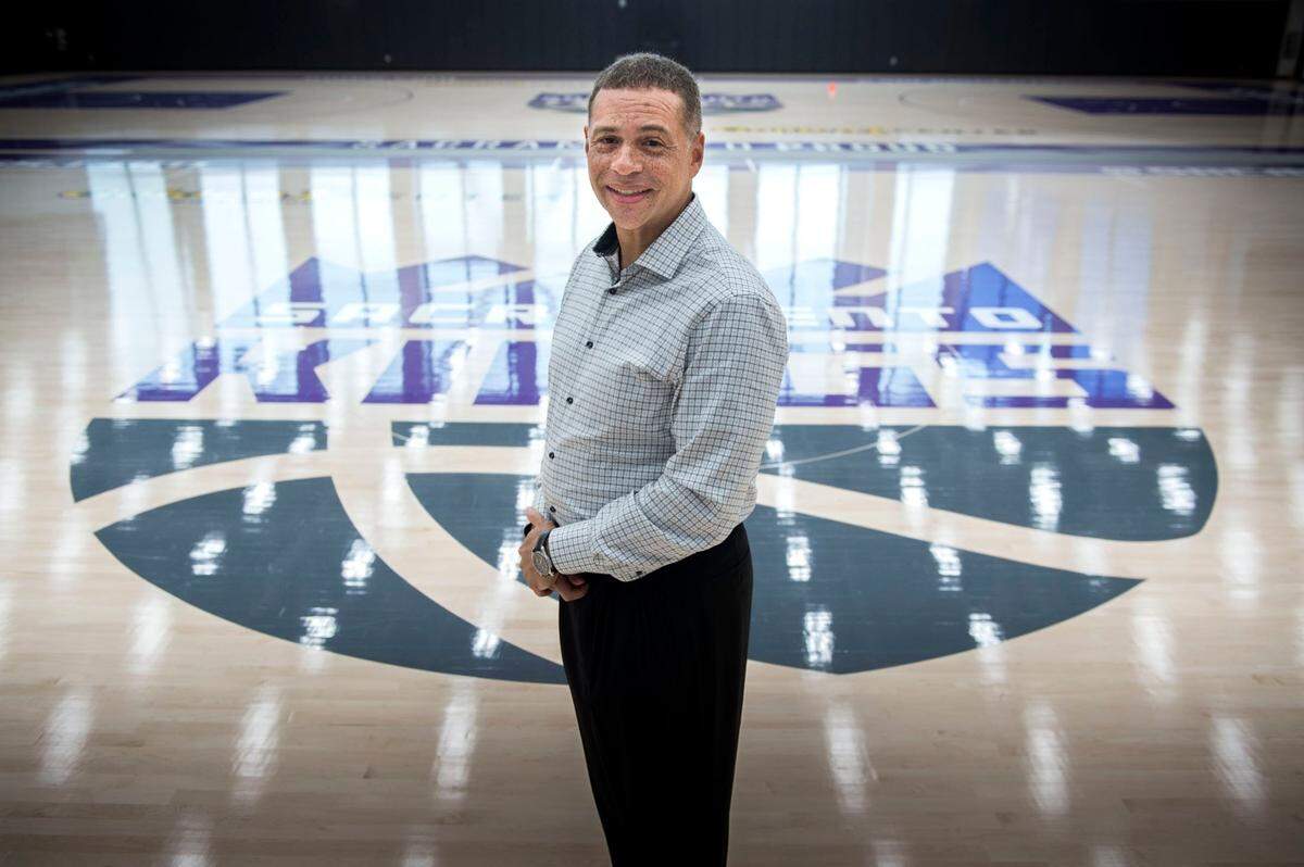 Scott Perry stands in the the Sacramento Kings’  training facility in 2017 when he was the team's vice president of basketball operations. The team is finalizing a deal to hire him as general manager, according to a league source. 