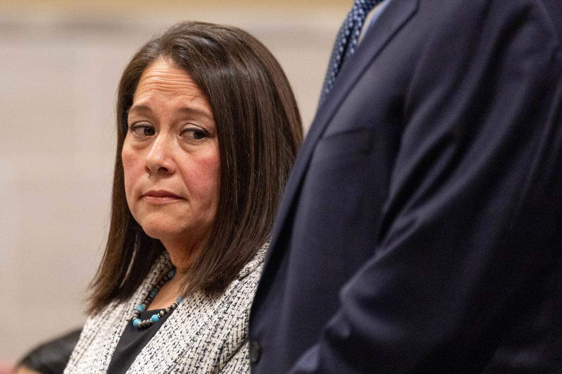 Tammy Kiku Machado, wife of former Yolo sheriff's deputy Sam Machado, appears in Yolo Superior Court in Woodland with attorney Steven Sabbadini on Monday, April 13, 2026, for her arraignment on charges related to the Esparto fireworks explosion.