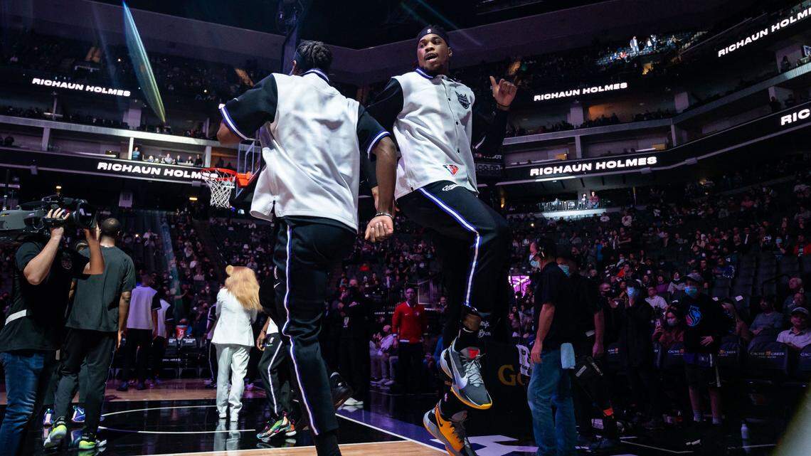 Sacramento Kings center Richaun Holmes (22) is introduced as a starter before the Kings tip off against the Orlando Magic at the NBA basketball game Wednesday, Dec. 8, 2021, at Golden 1 Center in Sacramento.