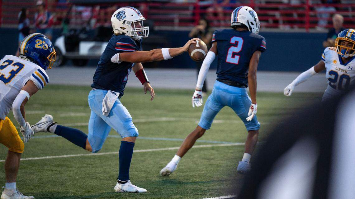 Destiny Christian Lions quarterback Dallas Munn (1) runs the ball into the end zone in the first quarter against the Linden Lions on Friday, Sept. 6, 2024, in Rosemont.
