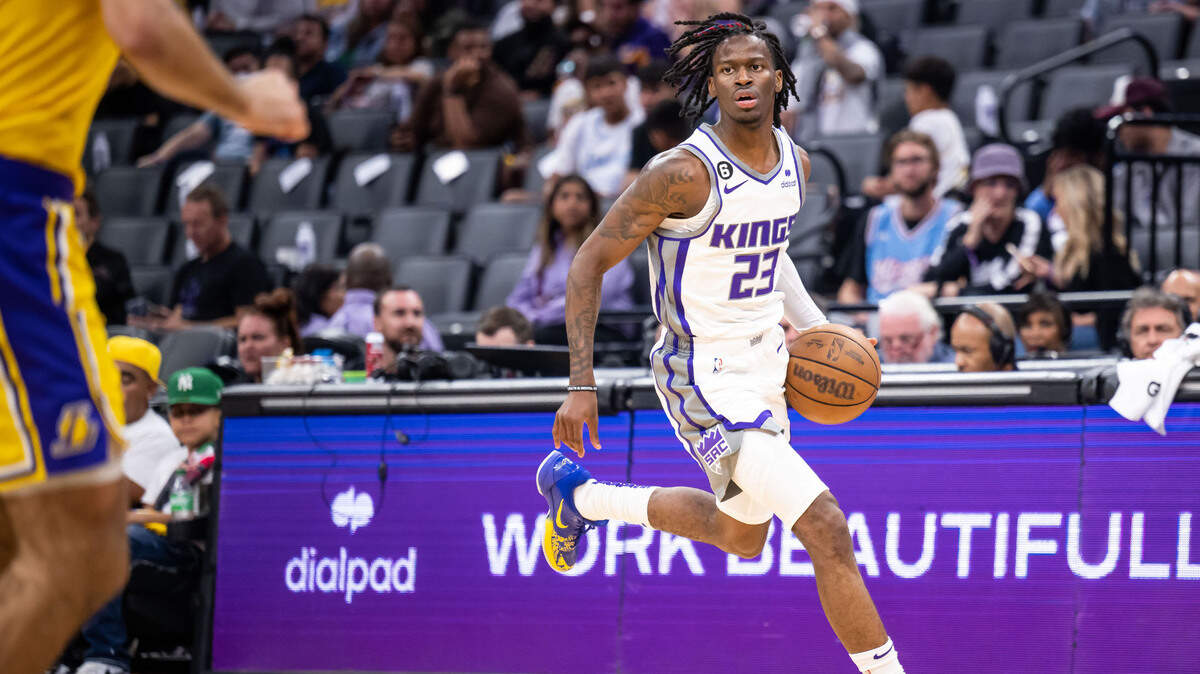 Sacramento Kings guard Keon Ellis (23) drives downcourt as the Kings hold a big lead over the Los Angeles Lakers during the fourth quarter of the preseason NBA basketball game Friday, Oct. 14, 2022, at Golden 1 Center in Sacramento.