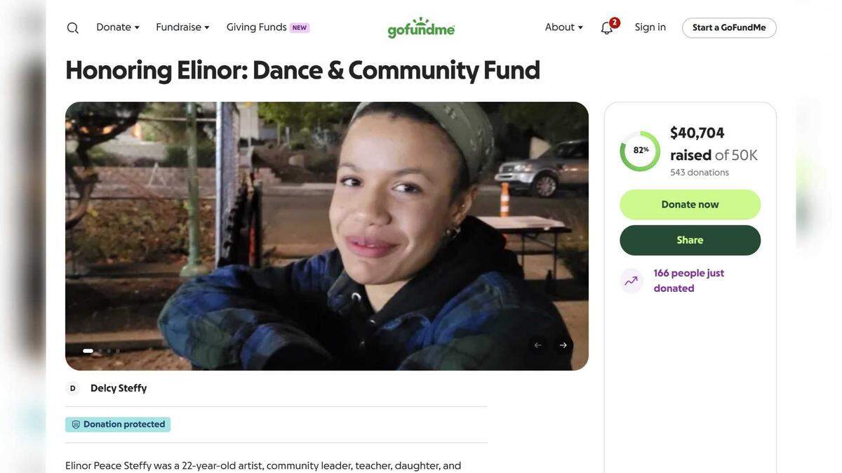 Elinor Steffy, a 22-year-old Sacramento dance instructor who was struck and killed by a car Jan. 22 while waiting for light rail at a Folsom station, was remembered by her family in a GoFundMe appeal seeking support for a foundation in her honor.