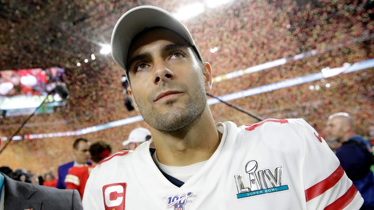 San Francisco quarterback Jimmy Garoppolo walks off the field after the Chiefs won the Super Bowl 31-20.