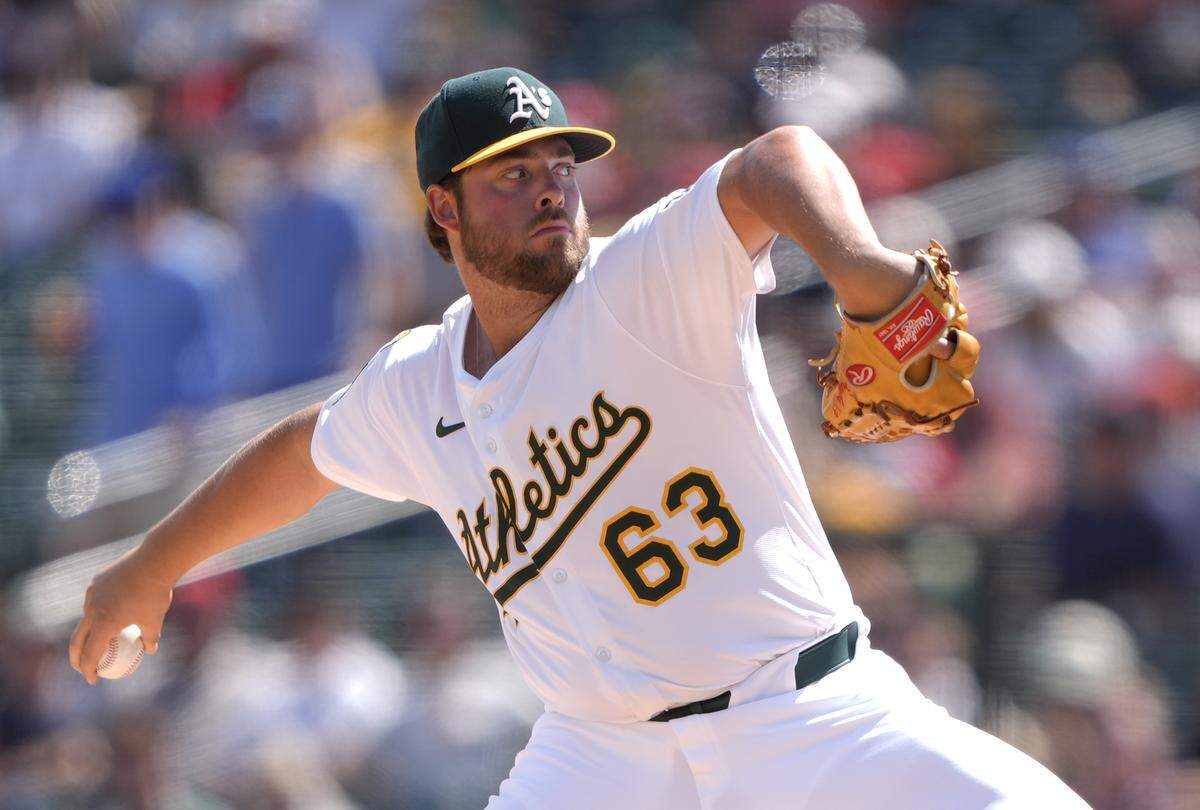 Mason Barnett of the Athletics pitches against the Boston Red Sox in the top of the first inning at Sutter Health Park on Sept. 10, 2025. He was recalled to the A’s on Tuesday and is expected to enter a game this week.