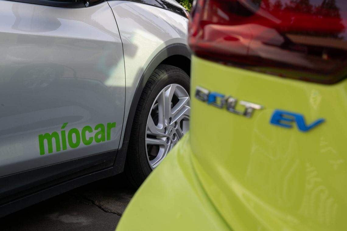 One of Míocar’s Chevy Bolt electric vehicles awaits a customer in Stockton in December. The ride sharing company provides service for low income customers in the Central Valley.