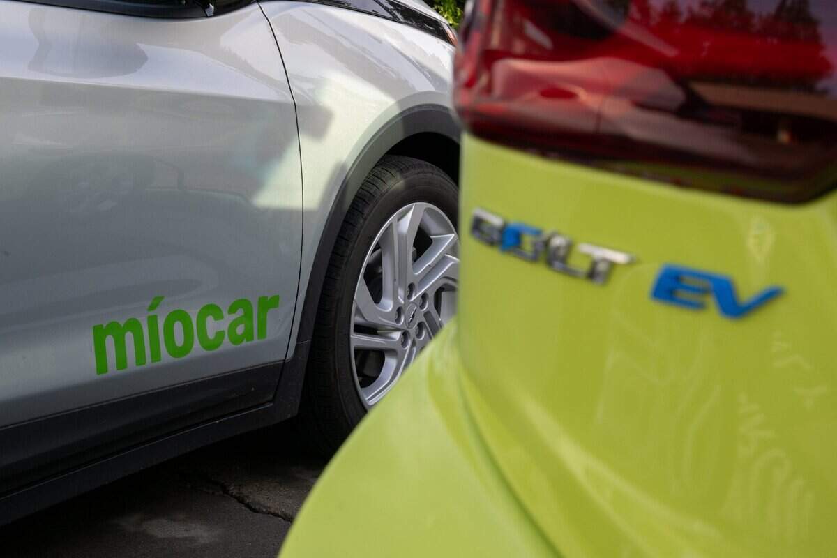 One of Míocar’s Chevy Bolt electric vehicles awaits a customer in Stockton in December. The ride sharing company provides service for low income customers in the Central Valley.