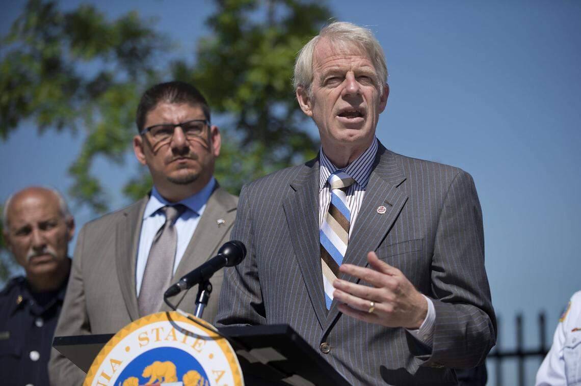 Assemblyman Roger Dickinson, D-Sacramento, speaks during a news conference at the rail station in Sacramento on Thursday, April 17, 2014.