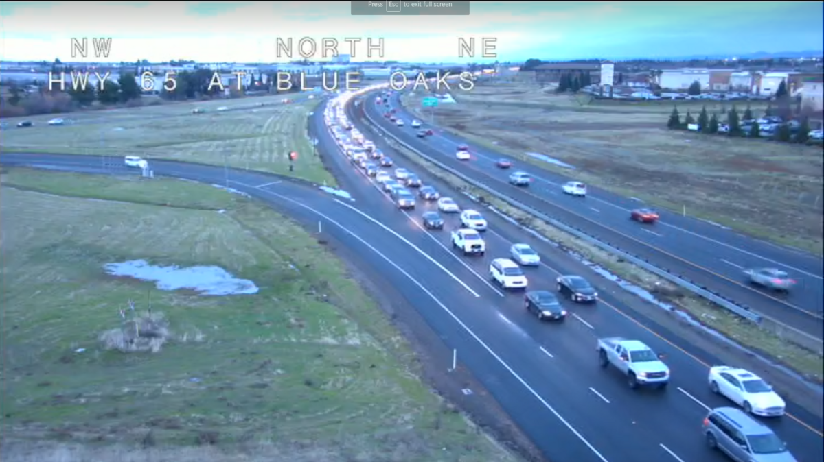 A three-car collision on southbound Highway 65 has caused traffic to be backed up to Blue Oaks Boulevard.