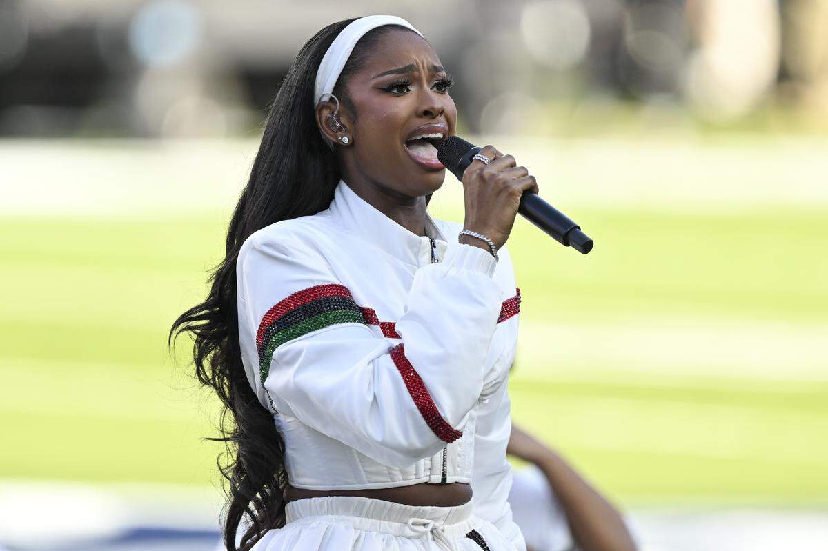 Singer Coco Jones sings the ‘Black National Anthem’ before the start of Super Bowl LX at Levi’s Stadium in Santa Clara on Sunday, Feb. 8, 2026.