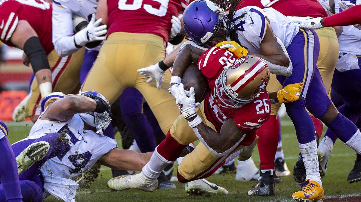 Minnesota Vikings defensive back Anthony Harris (41) can’t stop San Francisco 49ers running back Tevin Coleman (26) as he dives into the end zone for a touchdown in the third quarter during an NFC playoff game at the Levi’s Stadium on Saturday, Jan 11, 2020 in Santa Clara.