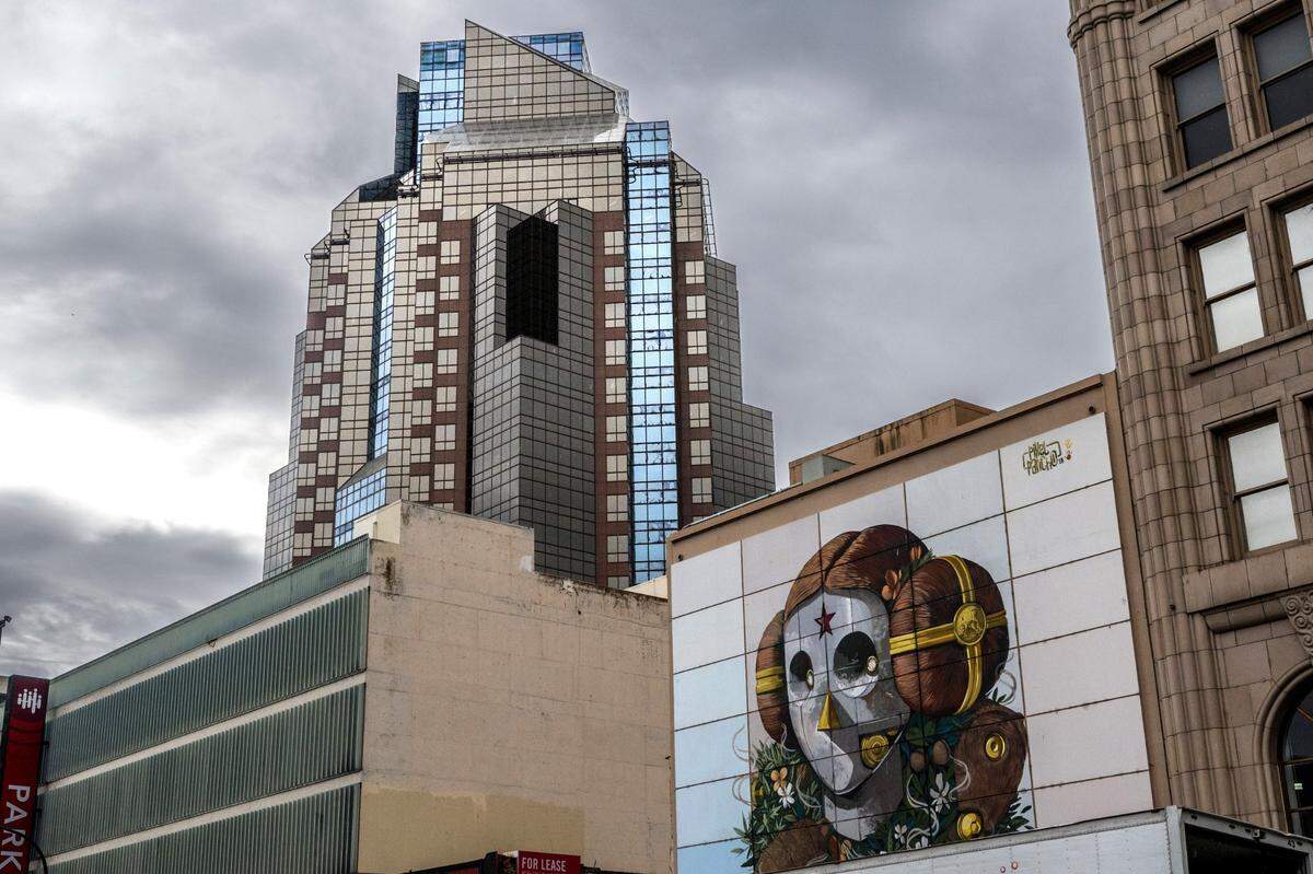 The Renaissance Tower, seen from J Street in Sacramento on , gleams on a cloudy Wednesday.