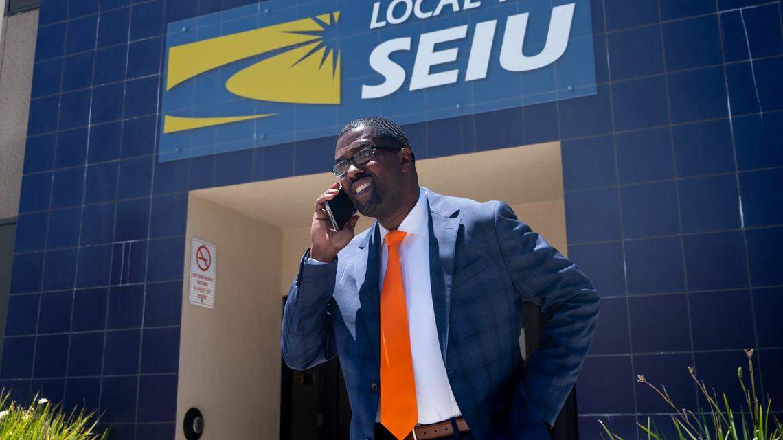 Richard Louis Brown stands in front of at SEIU Local 1000 before his swearing in as president of the organization on June 27, 2021.