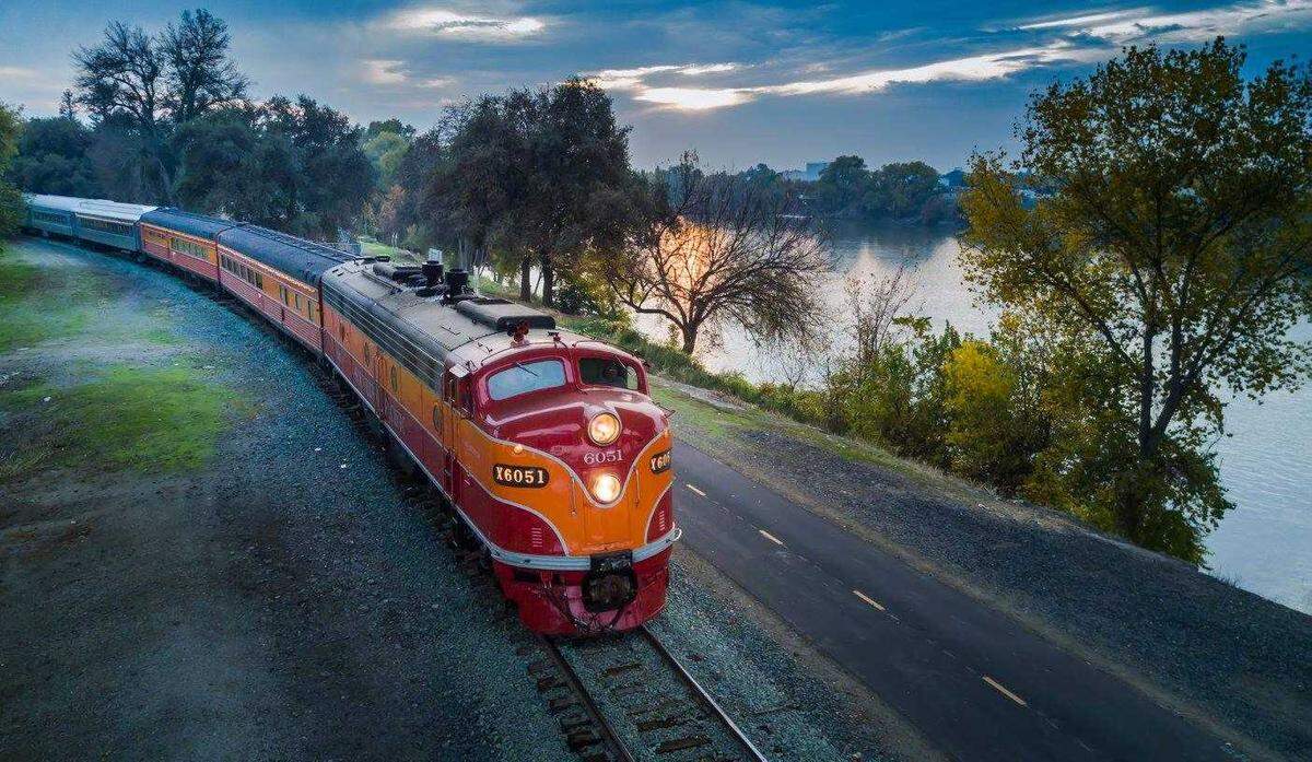 The Polar Express train travels along the Sacramento River near Old Sacramento in November 2023. The holiday-themed ride returns Nov. 14 through Dec. 21 with departures from the Central Pacific Passenger Station.