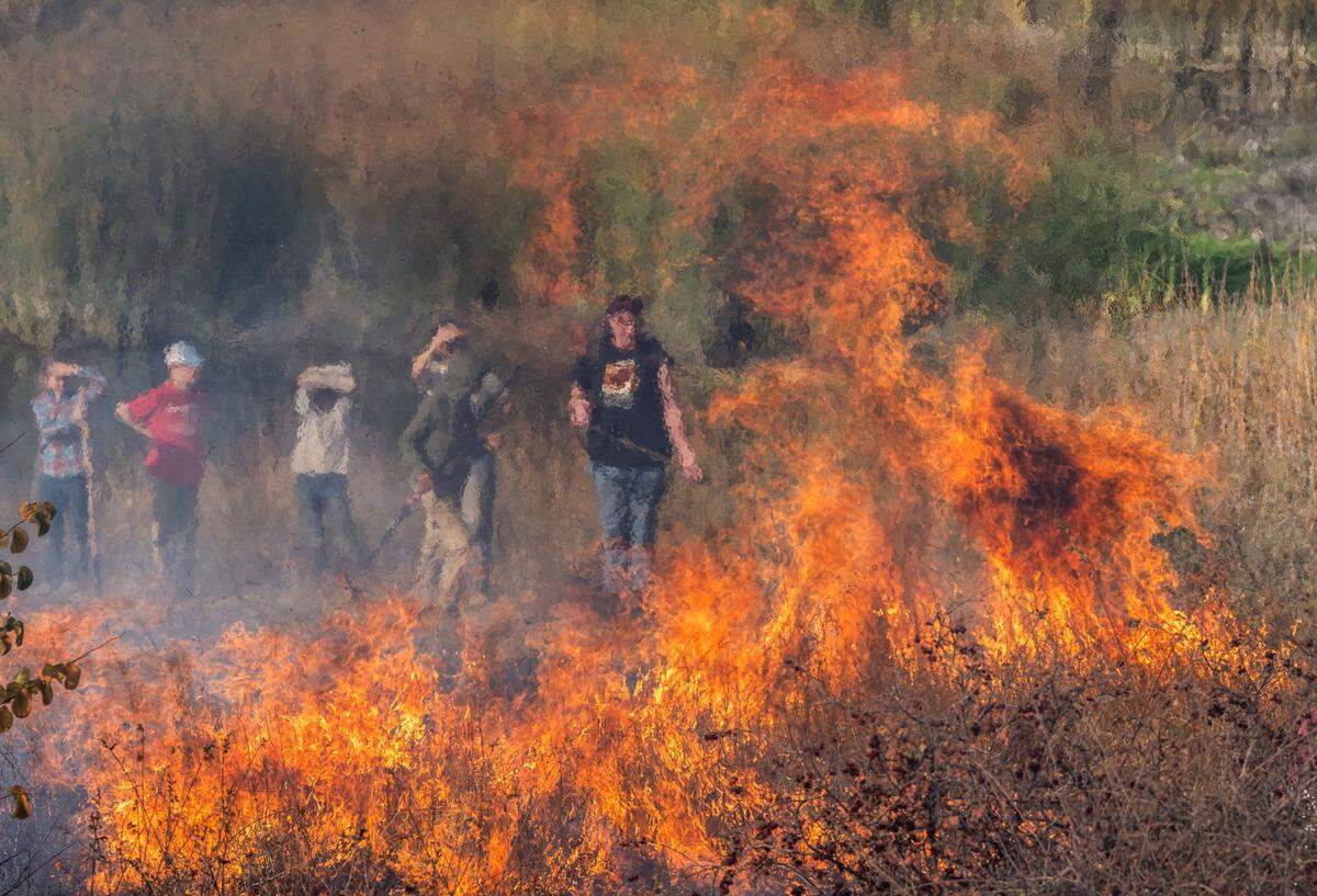 Participants tend a cultural burn at the Cache Creek Nature Preserve on Friday that was designed to demonstrate Native American practices for beneficial fire.