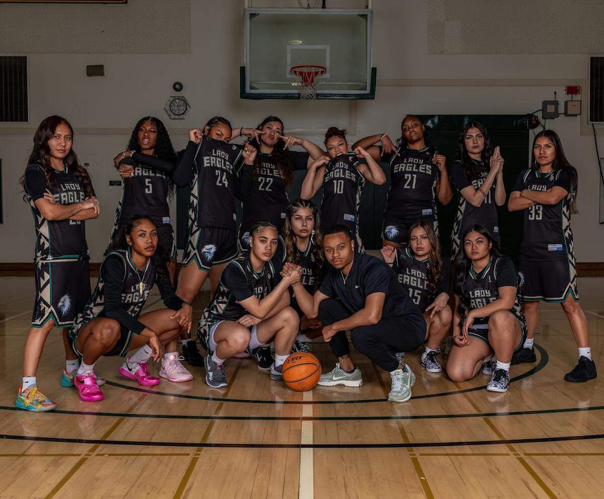 The Lady Eagles’ team inside The Nest at Sacramento State. The Lady Eagles is a predominantly Indigenous women’s basketball team at Sacramento State, formerly having been overseen by California Tribal College.