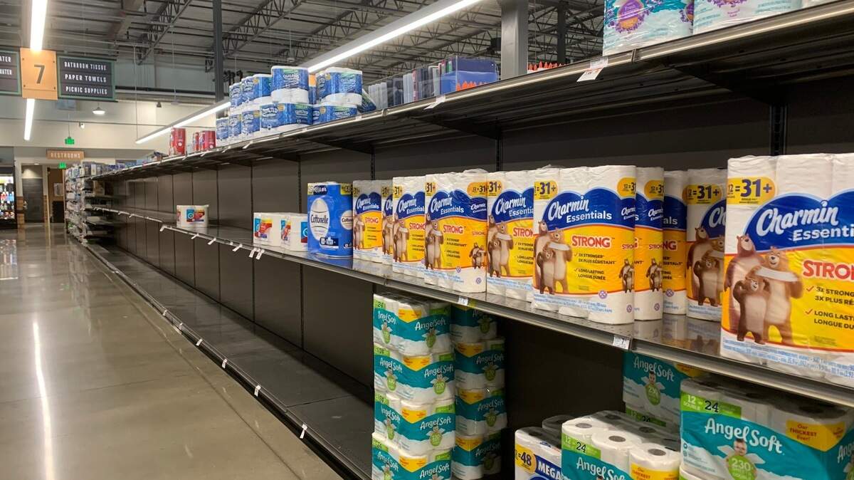 On Wednesday, July 1, 2020, the toilet paper shelves at the Raley’s on Freeport Boulevard are sparse but in supply.