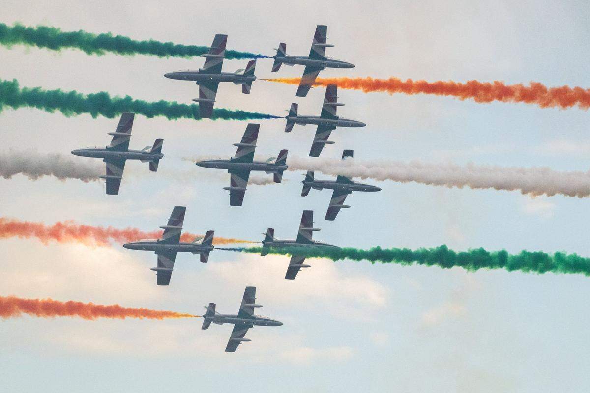Nine Frecce Tricolori jets release green, white and red smoke during the California Capital Airshow at Mather Airport near Rancho Cordova on Saturday, July 13, 2024. The colors matched those of the Italian flag.