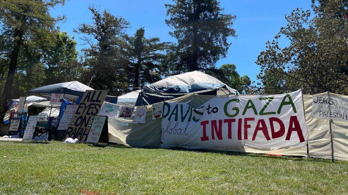 The entrance to the pro Palestine encampment in the quad outside the UC Davis Memorial Union on May 12, 2024. The protestors said they encountered multiple pro Israel counter protestors during the encampment’s first week.