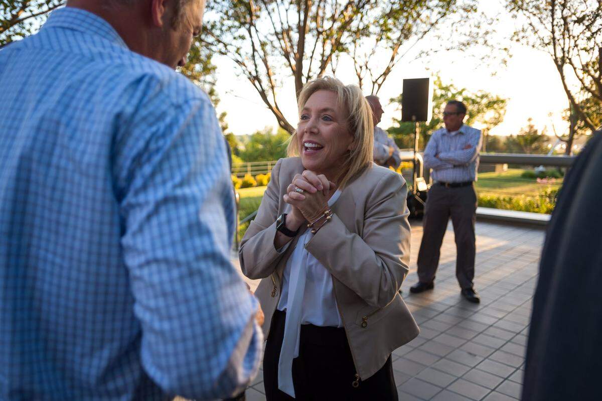 District Attorney Anne Marie Schubert greets supporters as she waits for election results during her reelection campaign party on Tuesday, June 5, 2018, in Sacramento.