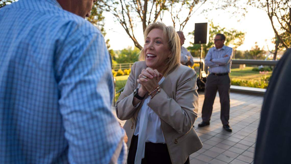 District Attorney Anne Marie Schubert greets supporters as she waits for election results during her reelection campaign party on Tuesday, June 5, 2018, in Sacramento.