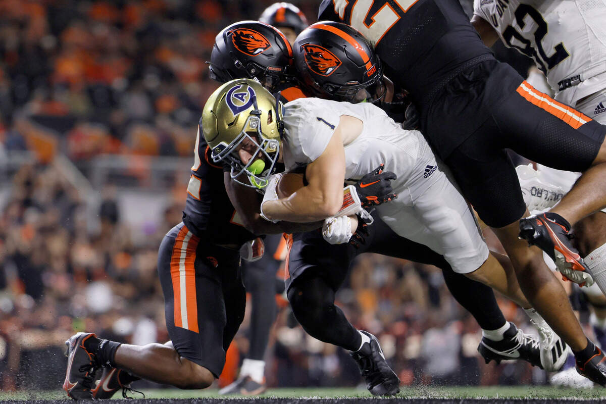 UC Davis Aggies wide receiver C.J. Hutton (1) dives into the end zone for the touchdown during the second half against the Oregon State Beavers on Sept. 9, 2023, at Reser Stadium in Corvallis, Oregon.