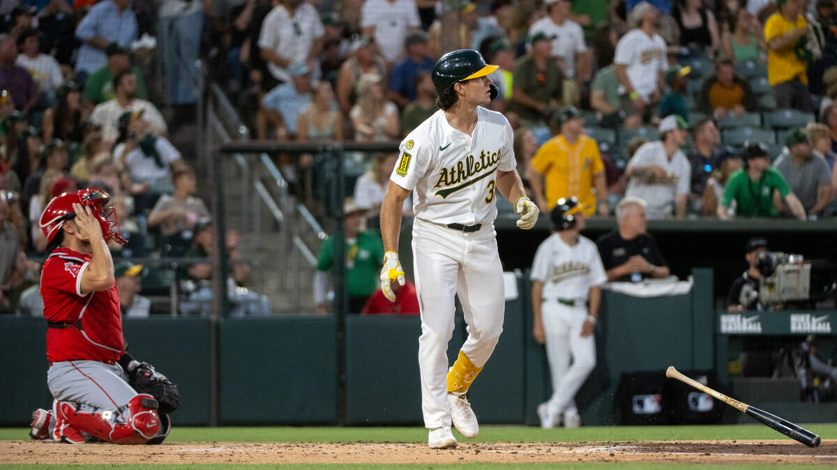 Athletics outfielder Colby Thomas (32) watches his three-run home run in the third inning on Los Angeles Angels pitcher Yusei Kikuchi during a game at Sutter Health Park on Friday in West Sacramento.