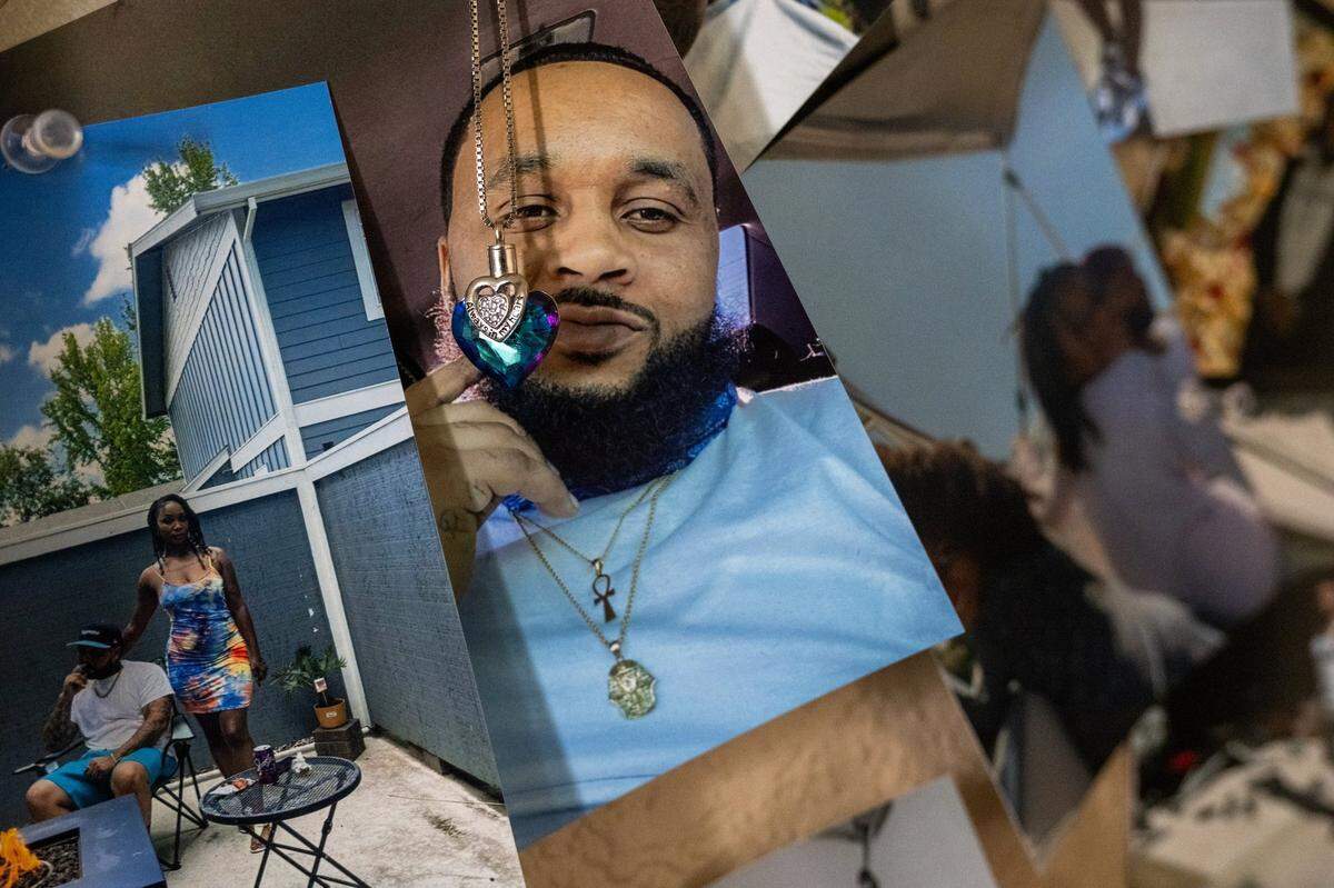 The ashes of Delion Johnson hang inside a heart necklace amid a collage of pictures of him in the bedroom of his fiancee Visalia Dobie in 2023. Johnson, 35, died in the Sacramento County Main Jail earlier that year and his family sued Sacramento County and its Sheriff’s Office. “He’s missed and loved so much,” said Dobie.   