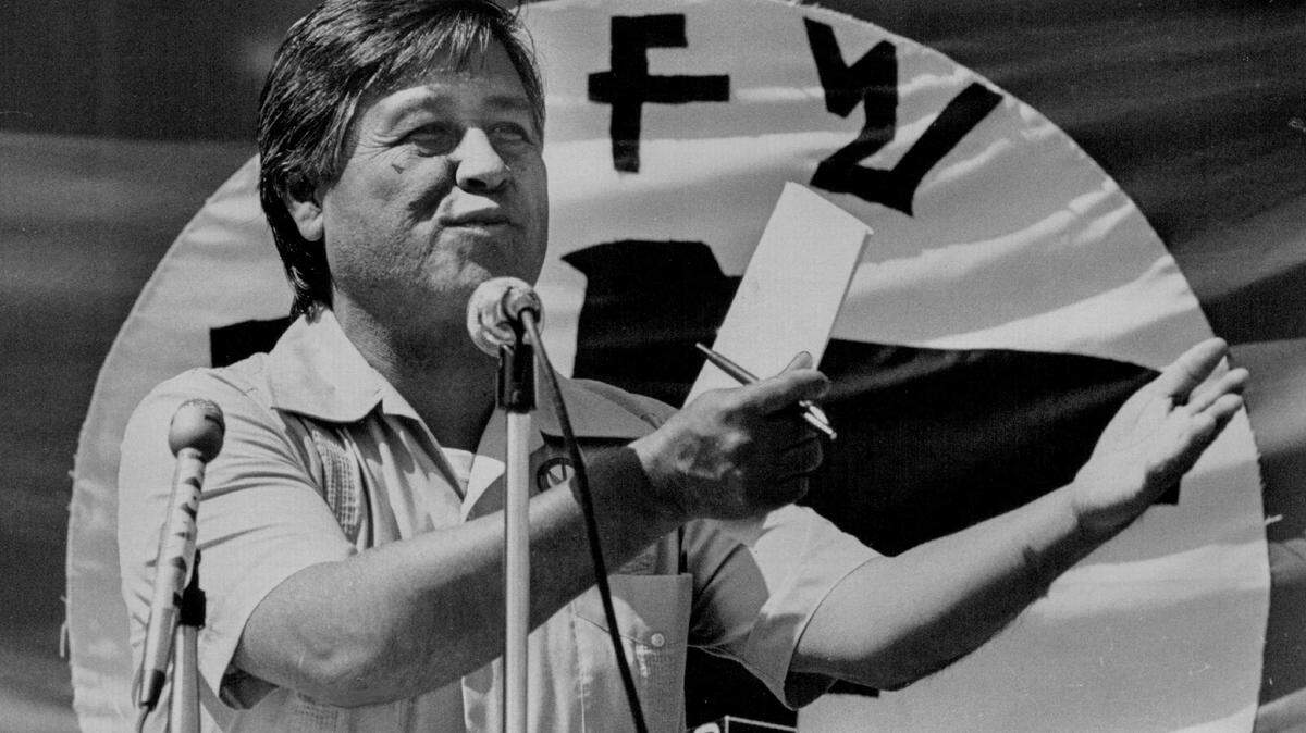 Labor leader Cesar Chavez calls for legislative action at the state Capitol on May 4, 1979.