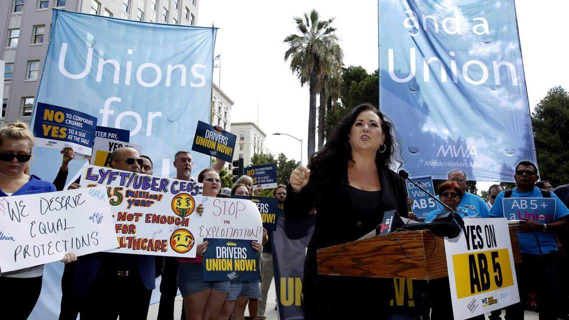 Former Assemblywoman Lorena Gonzalez, D-San Diego, speaks at a Capitol rally in 2019 calling for passage of her measure to limit when companies can label workers as independent contractors. Gonzalez is the new executive secretary-treasurer of the California Labor Federation.