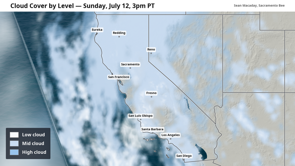 Forecast afternoon cloud cover on Sunday, July 12. More dense clouds are expected across much of California.