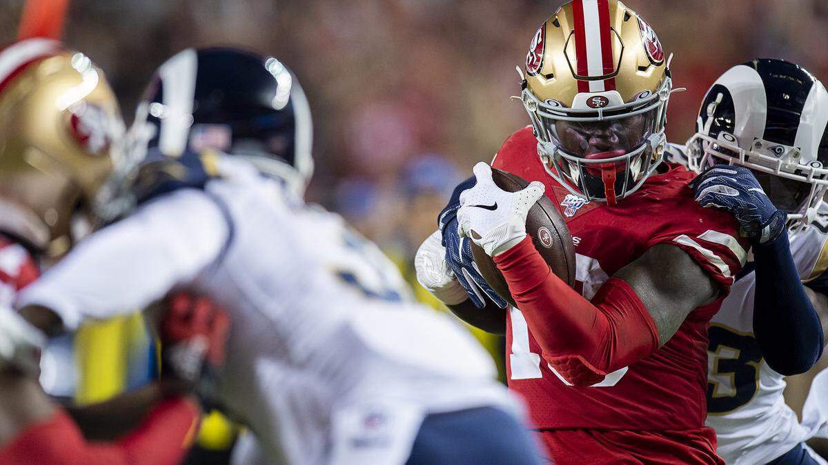 San Francisco 49ers wide receiver Deebo Samuel (19) runs in for a touchdown in the second quarter during a game at Levi’s Stadium on Saturday, December 21, 2019 in Santa Clara, Calif.