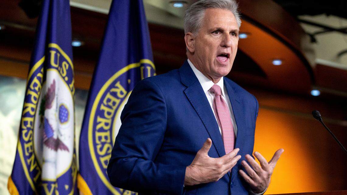 House Minority Leader Kevin McCarthy, R-Calif., speaks to reporters during his weekly press conference at the Capitol in Washington on Jan. 13.