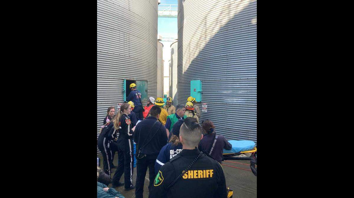 The Sutter, Yuba City, East Nicolaus and Pleasant Grove fire department went to the Van Dyke’s Rice Dryer Inc. in Pleasant Grove in Sutter County to help rescue a man who fell into a silo on Wednesday.