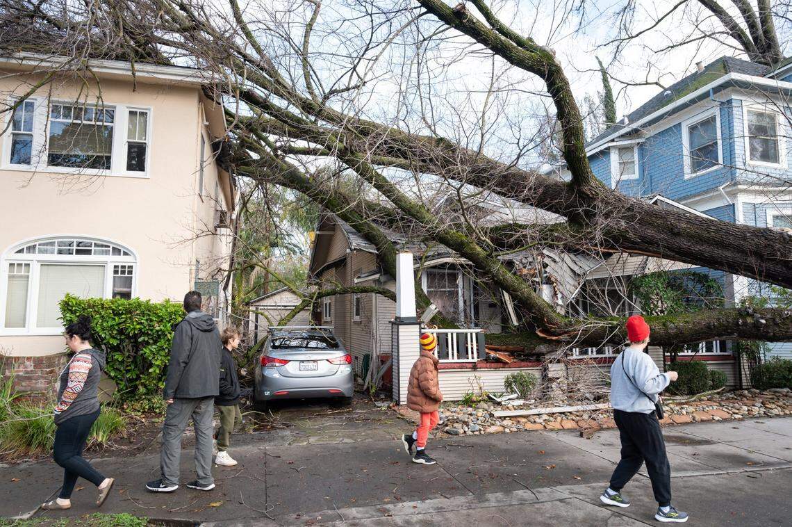 A house and the apartment building next door are crushed by a fallen tree on I Street in midtown on Sunday after a violet storm overnight brought high winds to the Sacramento region.
