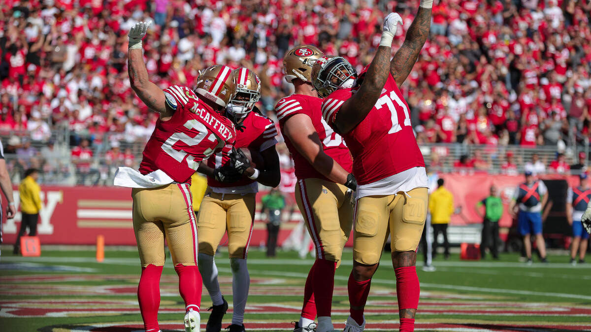 San Francisco 49ers running back Christian McCaffrey (23) and offensive tackle Trent Williams (71) will be on the field Monday, Sept. 9, but not necessarily on your TV if you are a DirecTV Stream subscriber.