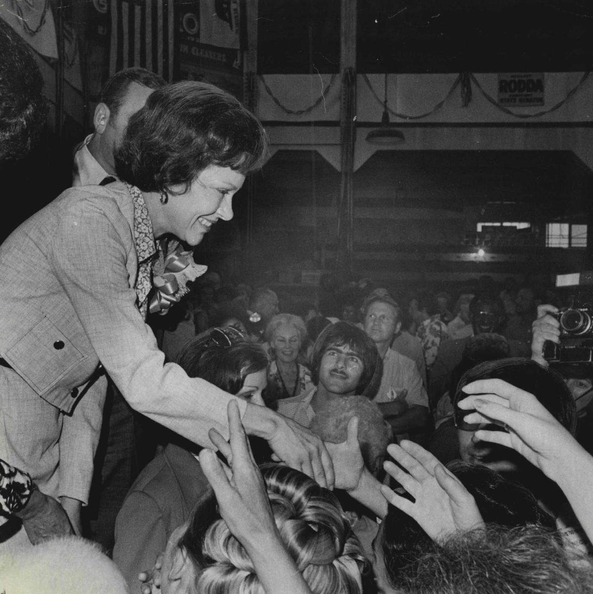 Rosalynn Carter. wife of Democratic presidential nominee Jimmy Carter, greets campaign workers at her husband’s Sacramento county campaign headquarters in September 1976. She was invited to Northern California by March Fong Eu, secretary of state, and the Democratic Women’s Club.