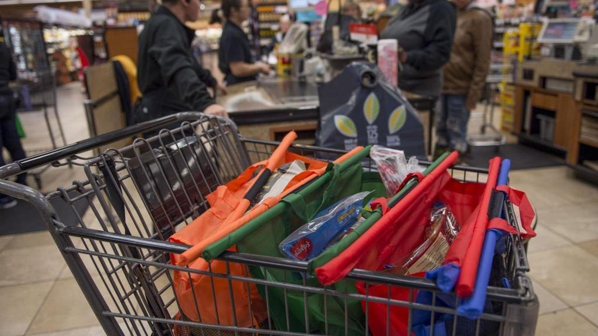 Some customers have chosen creative and fun alternatives to bags offered by retail grocery stores like these vibrant, handled reinforced bags. The Raley's grocery store located in Sacramento’s Pocket area offer their own reusable bags available for 10 cents.