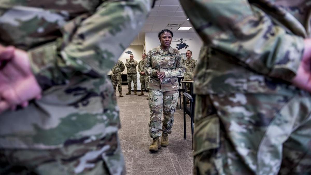 Brig. Gen. Donna Martin speaks to area Army recruiters at the Fair Oaks Army recruiting center in Citrus Heights, Calif., on Monday, Aug. 29, 2016. Martin is one of only 26 female generals in the U.S. Army and is helping lead groundbreaking efforts to integrate women into all occupational specialties.