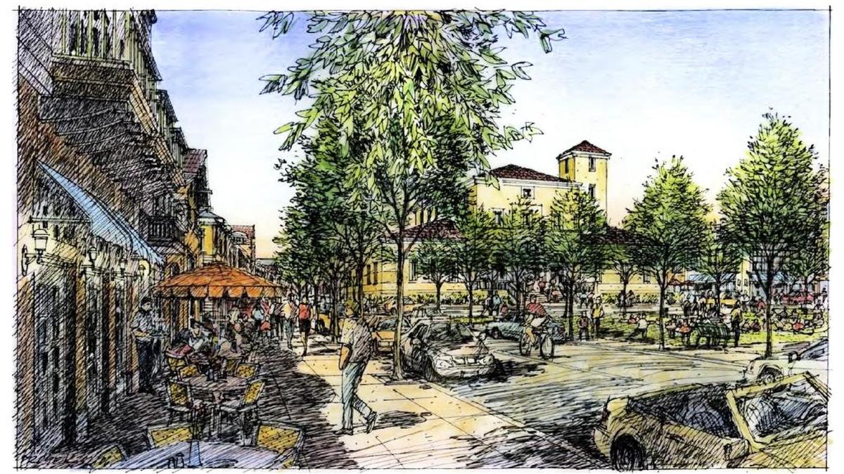 A sketch shows the town center planned for the Placer Vineyards development.