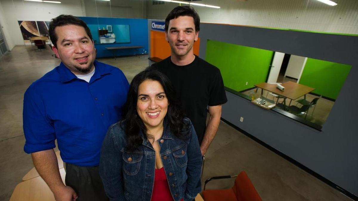Hacker Lab co-founders, Charles Blas, Gina Lujan and Eric Ullrich in their 10,500 square feet office and warehouse space at 1715 I Street in Sacramento in 2012. The space will officially be closed to members by the end of the day Aug. 5.