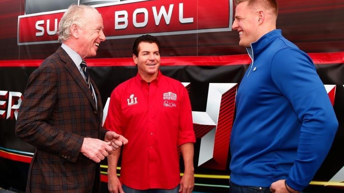 Papa John’s founder, chairman and CEO John Schnatter, middle, talks with Archie Manning, left, and JJ Watt, right, on Super Bowl 51 Radio Row, Thursday, Feb. 2, 2017, in Houston.