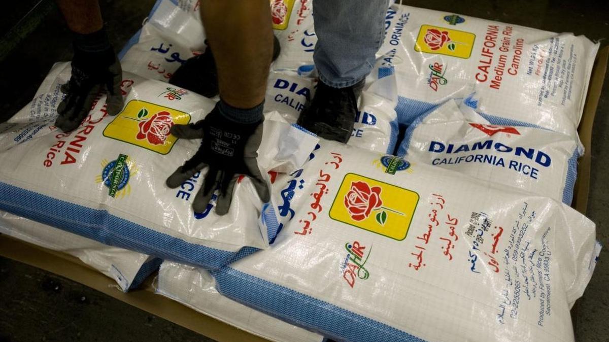 Bags of California Calrose rice is stacked on pallets destined for the Middle East. Tuesday, Jan. 13, 2009.