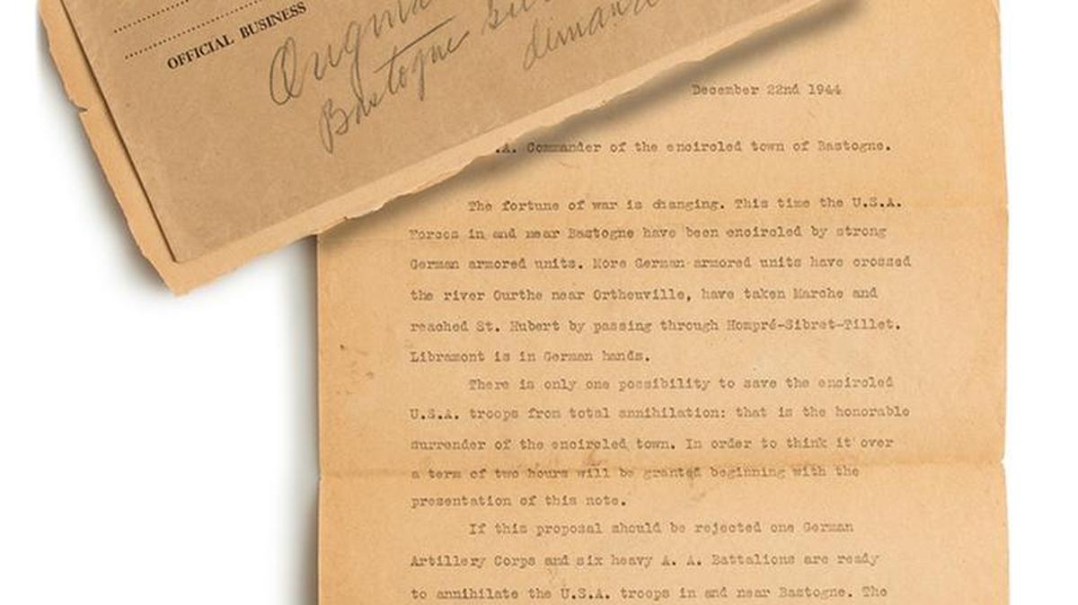 This is a photo of the original surrender document sent by German Gen. Heinrich Freiherr von Lüttwitz to U.S. Army Gen. Anthony McAuliffe, acting commander of the significantly outnumbered 101st Airborne Division dug in at Bastogne, Belgium, on Dec. 22, 1944. The document is up for bids in an online auction conducted by Sacramento’s Witherell’s auction house from Jan. 11-25, 2017.